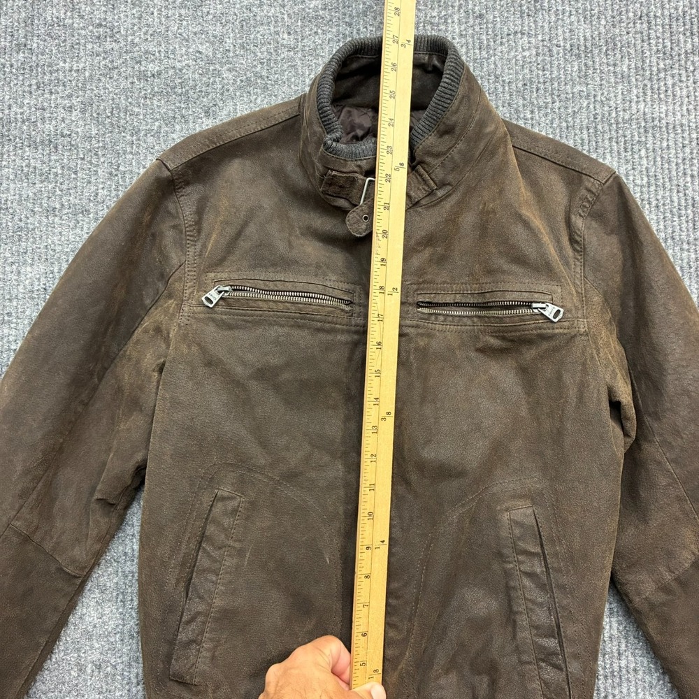 Levis Mens Small Brown Leather Moto Jacket Cafe Racer Distressed Full Zip - Picture 6 of 9